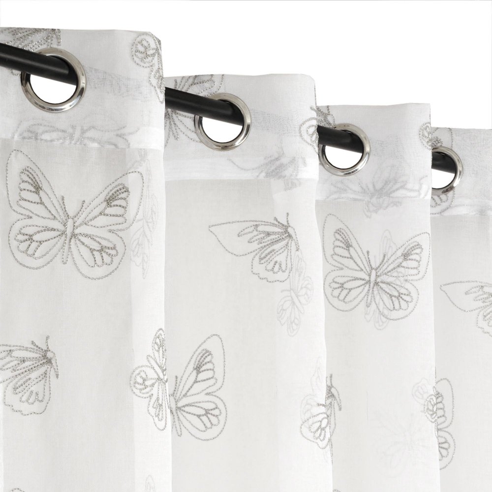 Atout Ciel Embroidered Butterfly Curtain with Grommets, 140 x 240 cm, White/Gray