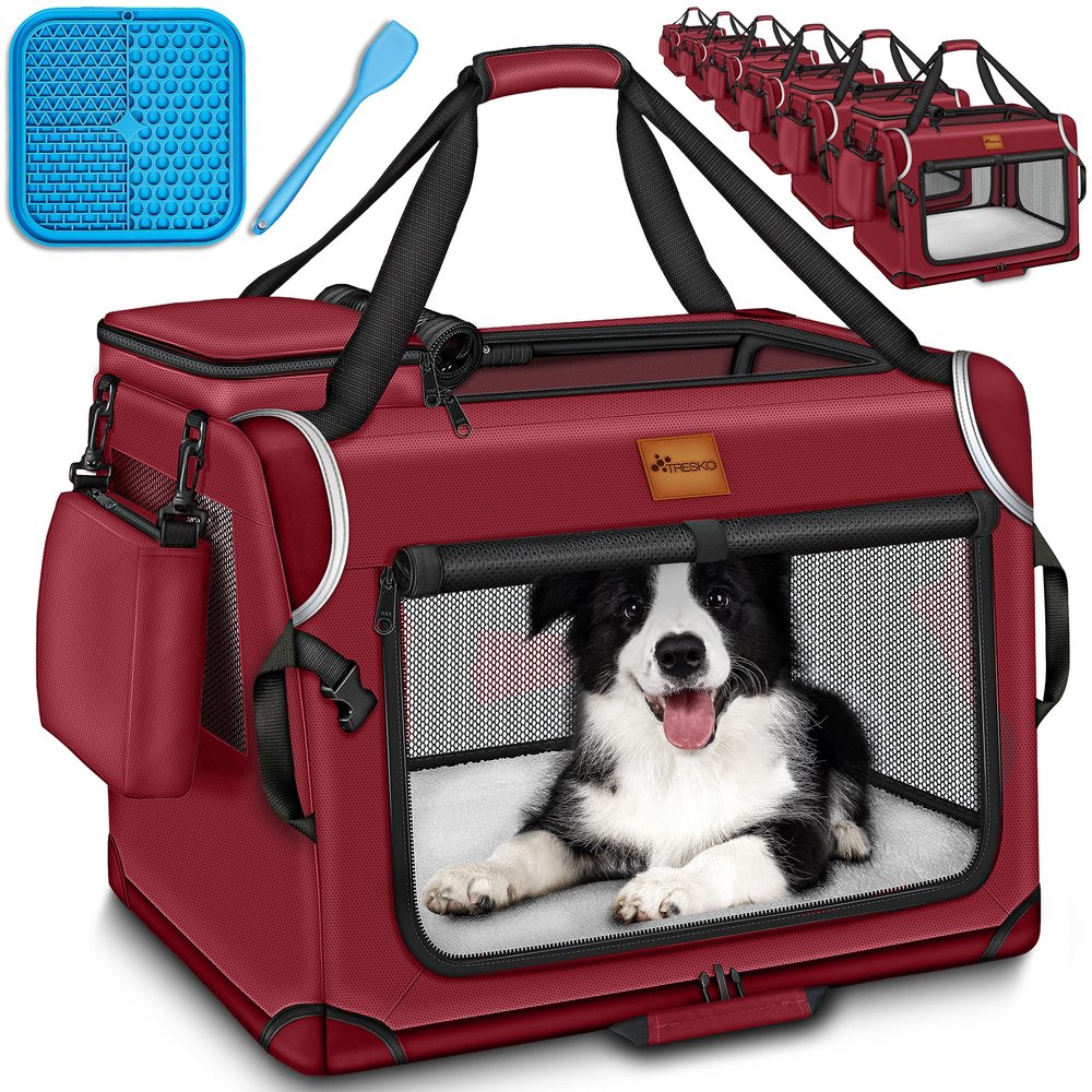 TRESKO Foldable Dog Carrier with Lick Mat, Spatula & Reflectors, M, 61 x 42 x 42 cm