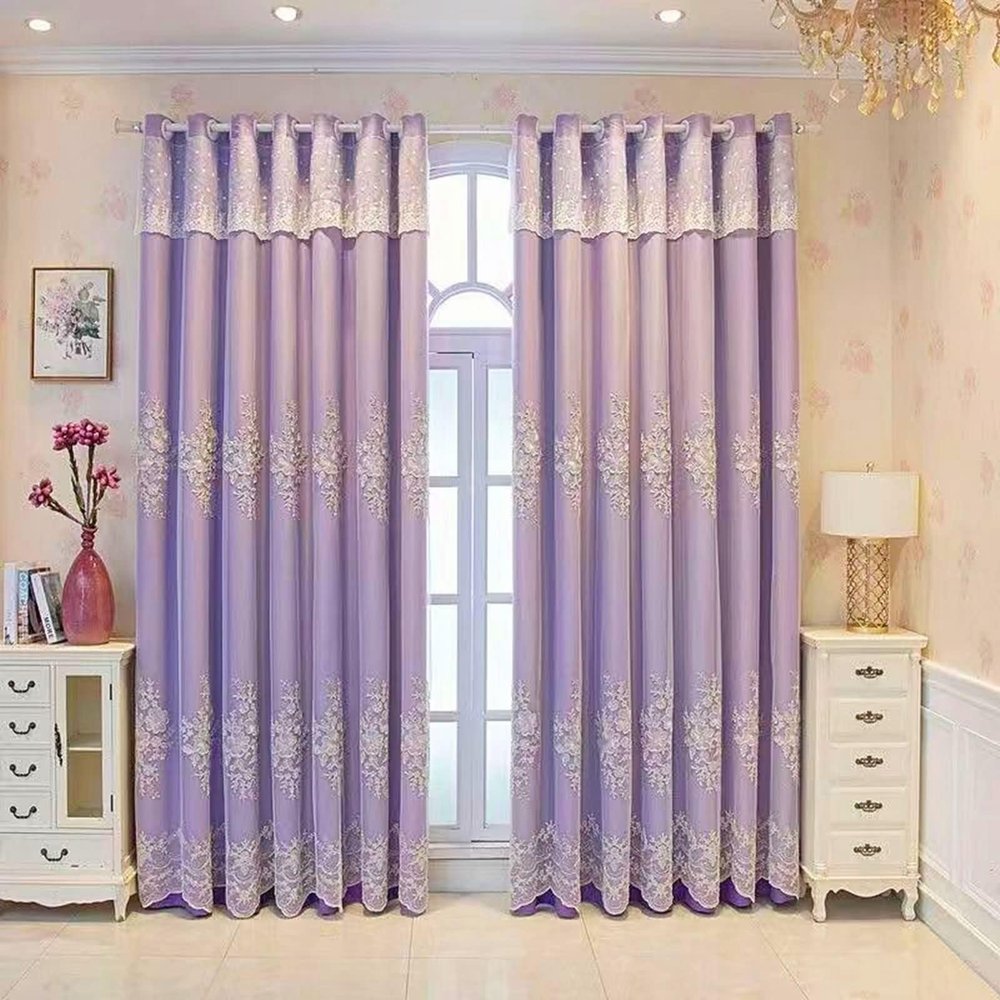Stfery 2-Piece Purple Blackout Curtains, Opaque Double-Layer Lace with Embroidered Floral Pattern, 54 x 108 in
