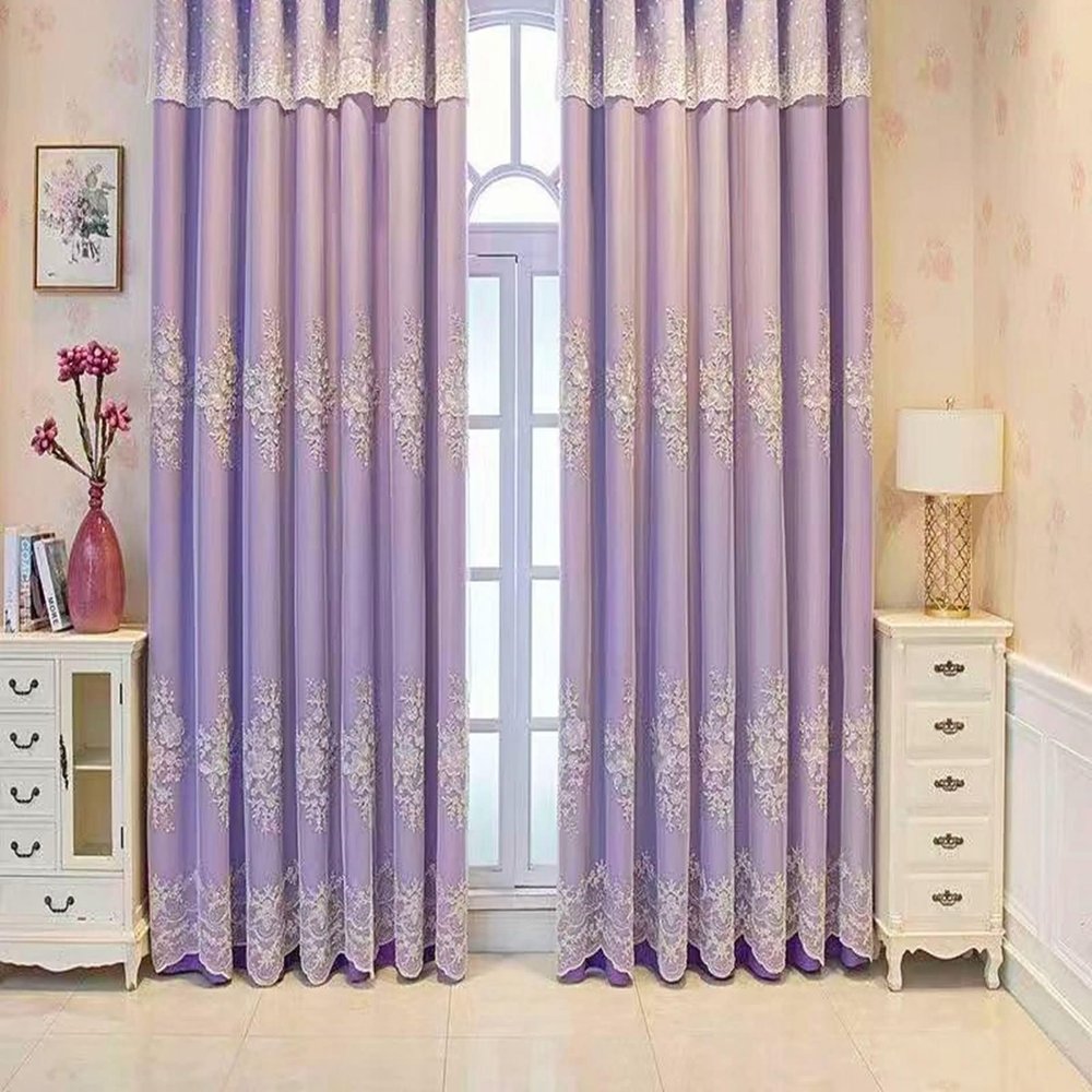 Stfery 2-Piece Purple Blackout Curtains with Embroidered Floral Lace, 38 x 63 in