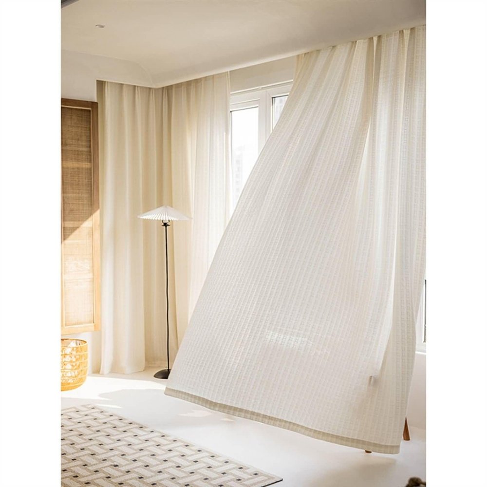 Stfery 2-Piece Curtain Set, White/Beige, Semi-Sheer Cotton Gauze, Japanese Waffle Texture, 132 × 183 cm Each