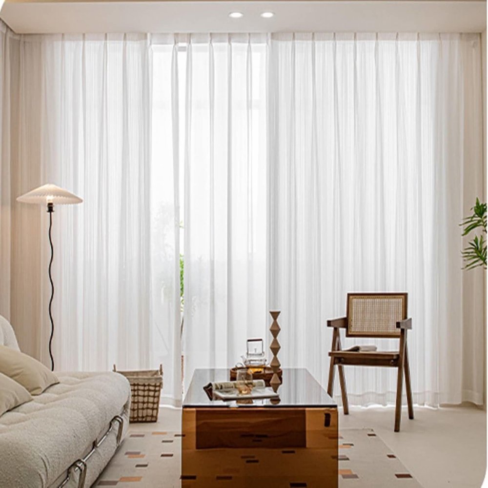 Stfery 2-Piece White Semi-Sheer Curtains for Kids' Room, Striped Sheer Decorative Panels, 86 W x 115 H cm Each