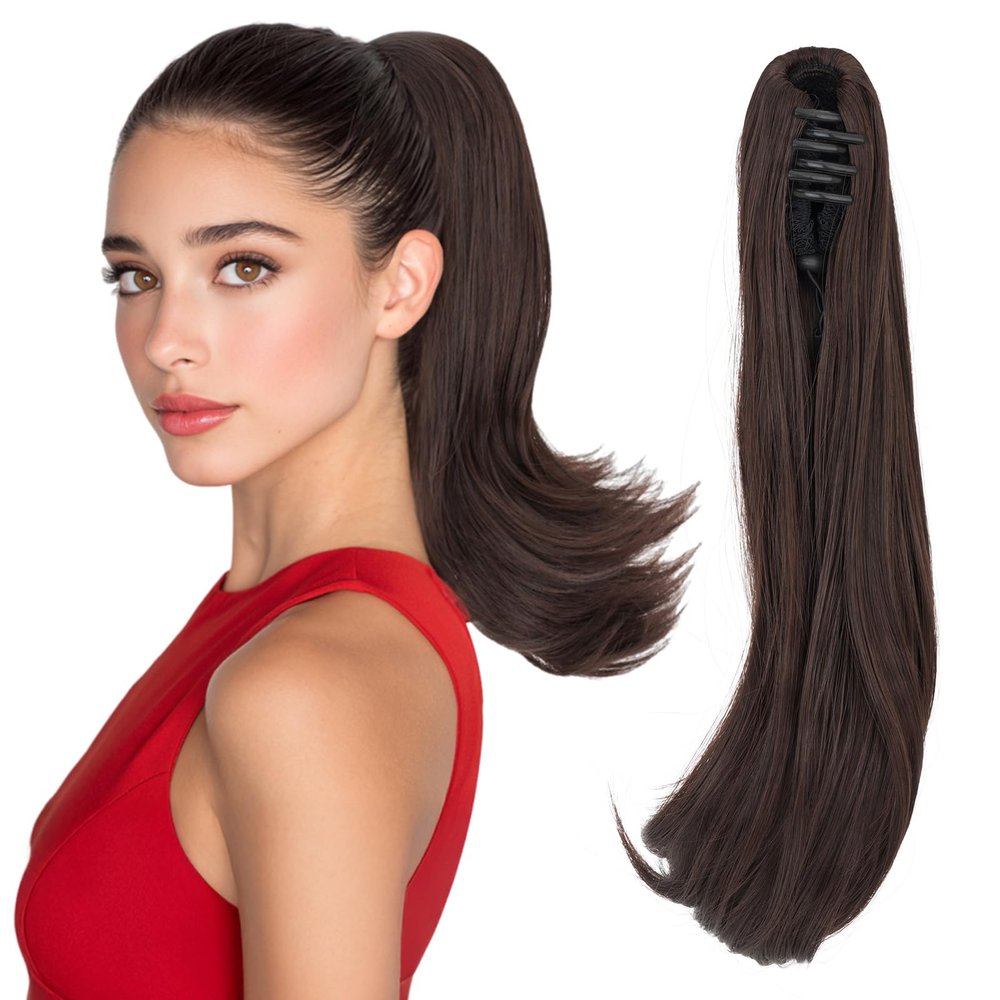 Silk-co Wavy Clip-On Ponytail, Long Curly Synthetic Hair Extension, Chocolate Brown, 40 cm