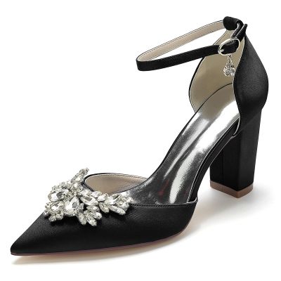 Gycdwjh 3.35-Inch Rhinestone Satin Pumps for Women, Black, EU 40