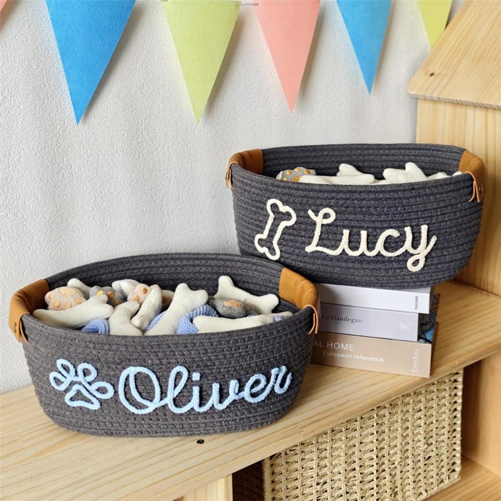 Personalized Dog/Cat Toy Basket, Cotton Rope Pet Toy Storage Box, Puppy Gift (28 x 22 x 11 cm)