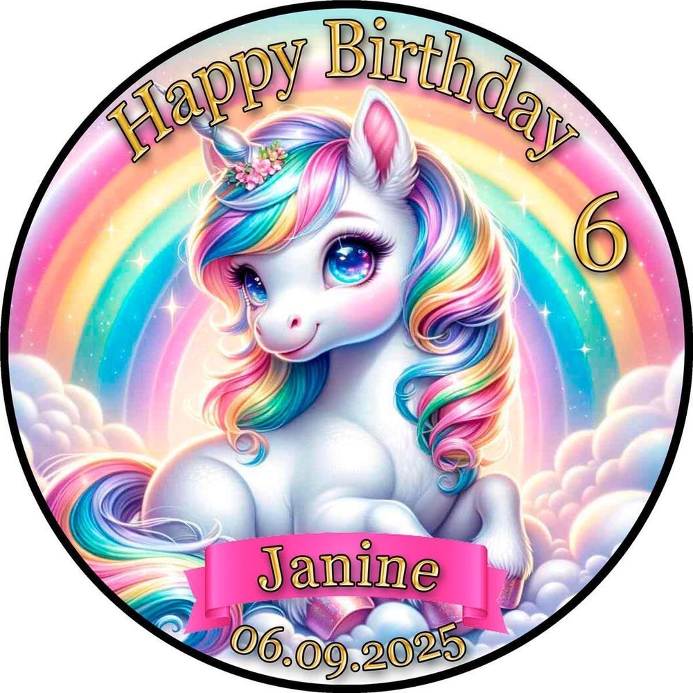 Unicorn Rainbow Edible Cake Topper, Round 20 cm, Sugar Paper, Without Photo