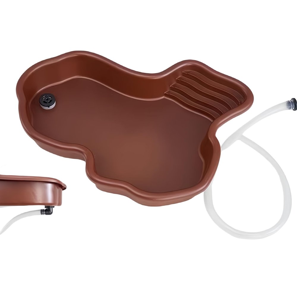 Reptile Water Dish with Ramp, Platform and Drainage Tube, Brown