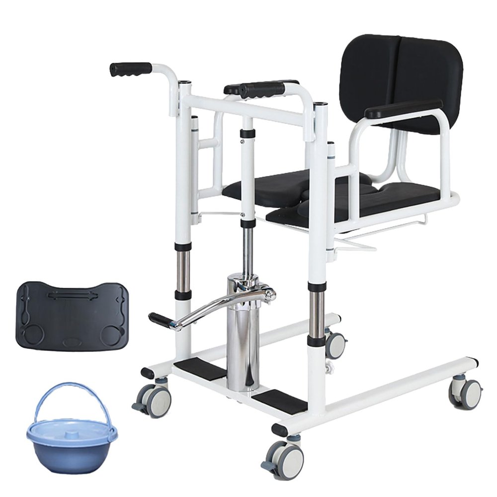 LADECNERHT Hydraulic Patient Lift Transfer Chair, Multifunctional Folding Commode Wheelchair, Transfer Aid for Seniors, 180° Split Adjustable, Black