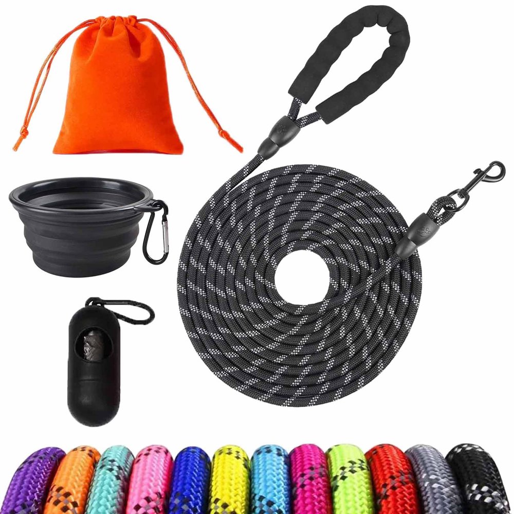 Long Dog Leash, 5 m x 8 mm, Black, with Padded Handle and Locking Carabiner