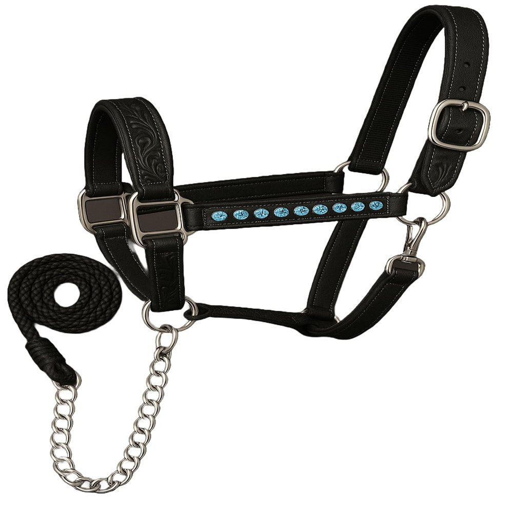 Handcrafted Leather Halter with Crystal Tooled Design, Padding, Adjustable Fit and Chain Lead M11 (Item No. 153, Pony)