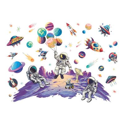 Space Wall Stickers with Colorful Rockets and Astronauts
