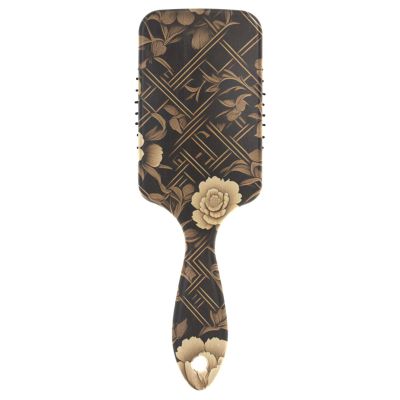 Vintage-Style Scalp Massager Hair Brush, Gold Floral Pattern, Black, for Curly Hair