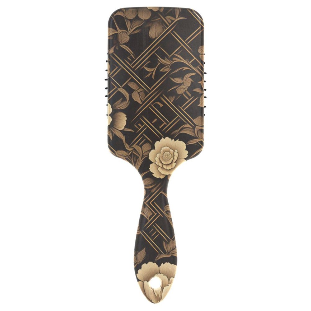 Vintage-Style Scalp Massager Hair Brush, Gold Floral Pattern, Black, for Curly Hair