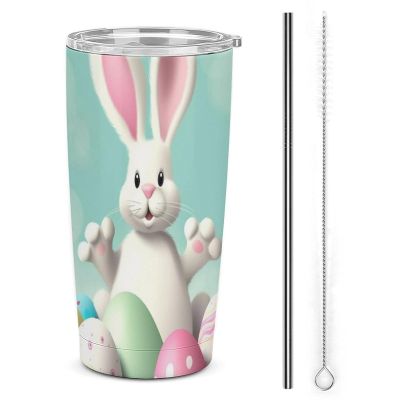 BVKWNTSA Stainless Steel Travel Cup, Happy Easter Eggs and Rabbit Tail Print, Insulated with Lid and Straw