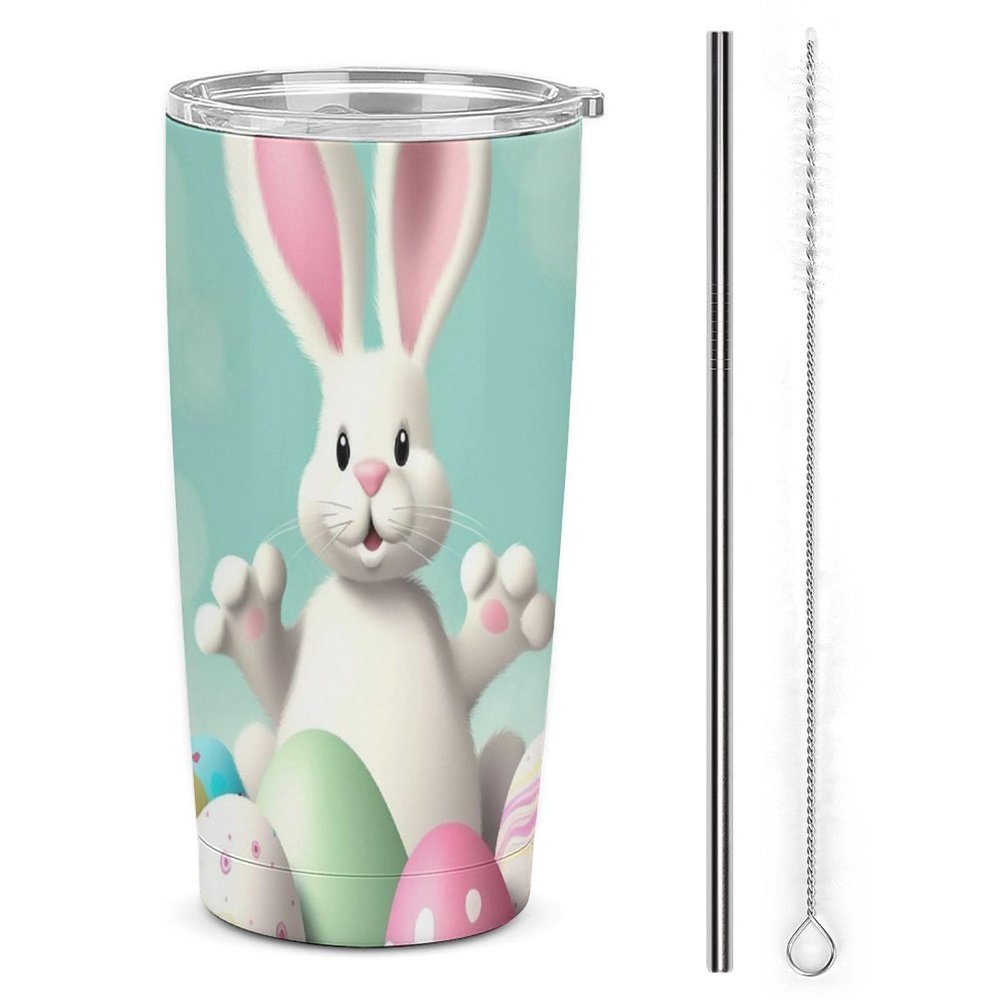 BVKWNTSA Stainless Steel Travel Cup, Happy Easter Eggs and Rabbit Tail Print, Insulated with Lid and Straw