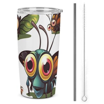 BVKWNTSA Stainless Steel Cartoon Insect Travel Cup with Lid and Straw