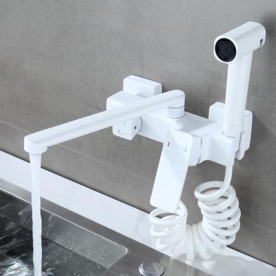 Wall-Mounted Kitchen Sink Faucet with Spray Gun, White Brass