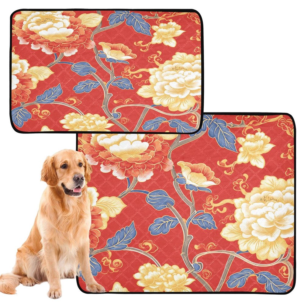 Reusable Dog Training Pads for Large Dogs, Extra-Large, Washable, Non-Slip, 61 x 91.4 cm + 91.4 x 106.7 cm, Chinese-Style Elegant Flowers, Red, 2-Pack
