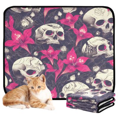 3 Pink Dog Floor Mats, Non-Slip Lawn Mat, 20 x 24 in, Human Skulls, Hot Pink Lilies and Flowers, Dark Style