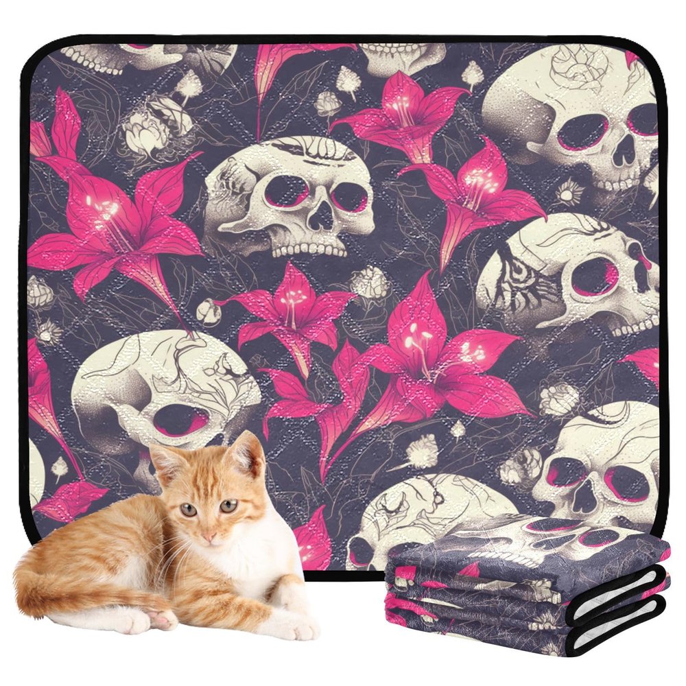 3 Pink Dog Floor Mats, Non-Slip Lawn Mat, 20 x 24 in, Human Skulls, Hot Pink Lilies and Flowers, Dark Style