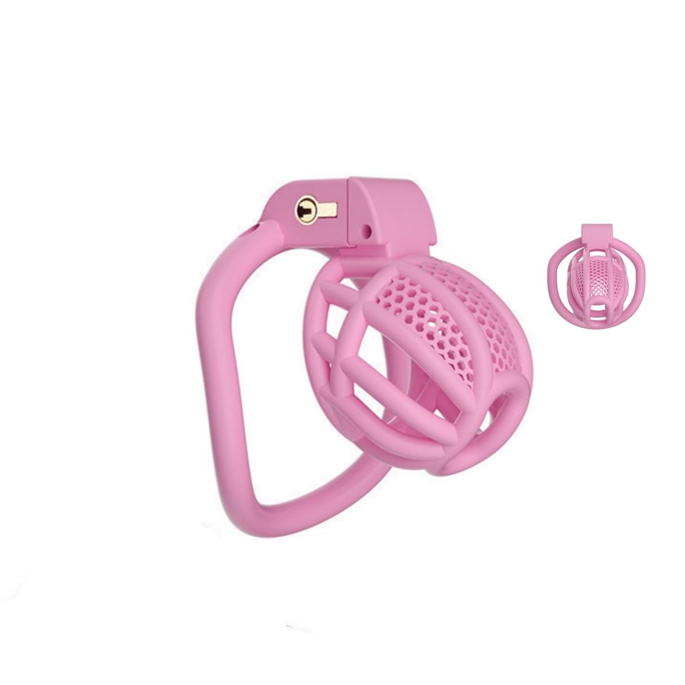 Men's Micro Chastity Cage with Lock and 4 Rings, Pink, M