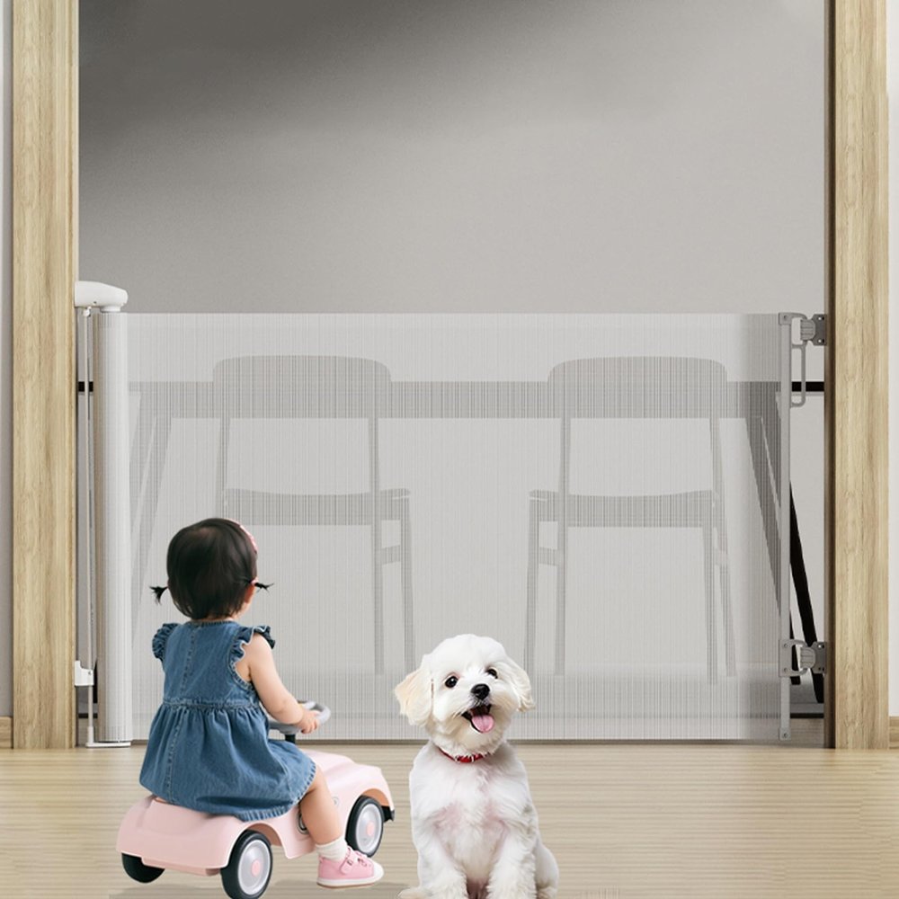 Retractable Baby and Pet Safety Gate with Lock, 83 cm High, 140/180/300 cm Wide, White, 86 × 180 cm