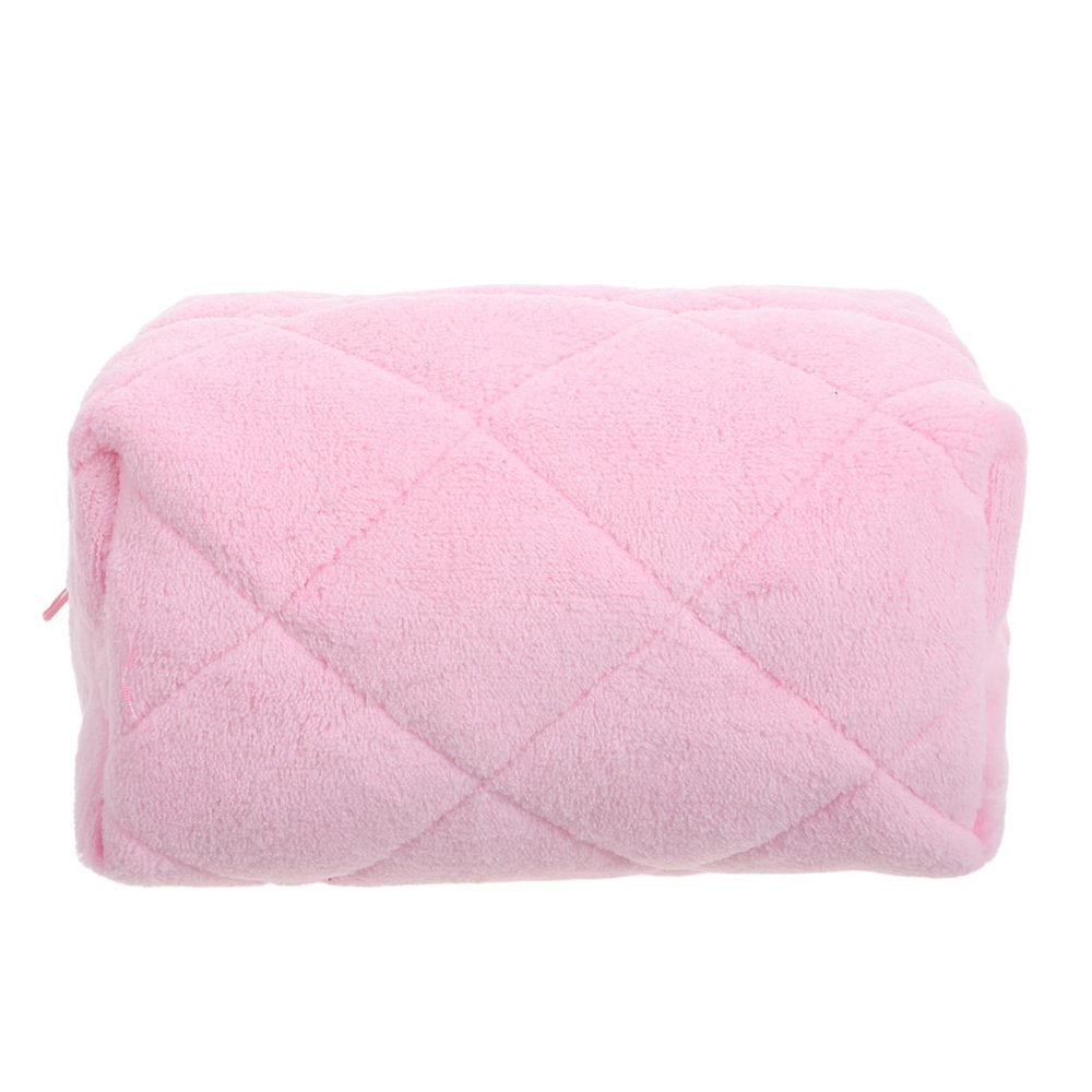 POPETPOP Small Pink Plush Plaid Cosmetic Bag with Zipper
