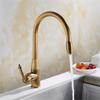 YCVAWEOD Antique Brass Pull-Out Kitchen Faucet with 360-Degree Rotation, Single Handle, Deck-Mounted Sink Mixer Tap, Retro Kitchen Style LWX view 2