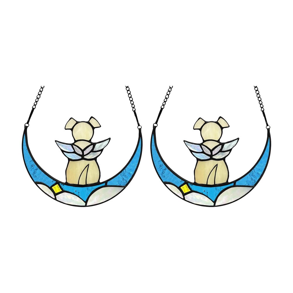 2-Piece Artistic Glass Pet Memorial Decorations, Moon Design, Suncatchers for Dog Lovers
