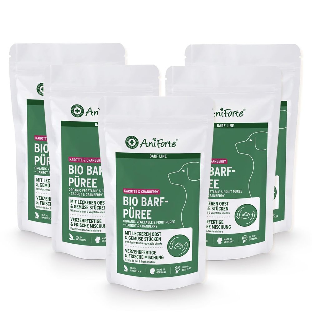 AniForte Barf Puree Carrot & Cranberry - Organic Fruit & Vegetables for Dogs 5 x 150 g - Food Topping for Raw Feeding, Natural Raw-Food Supplement