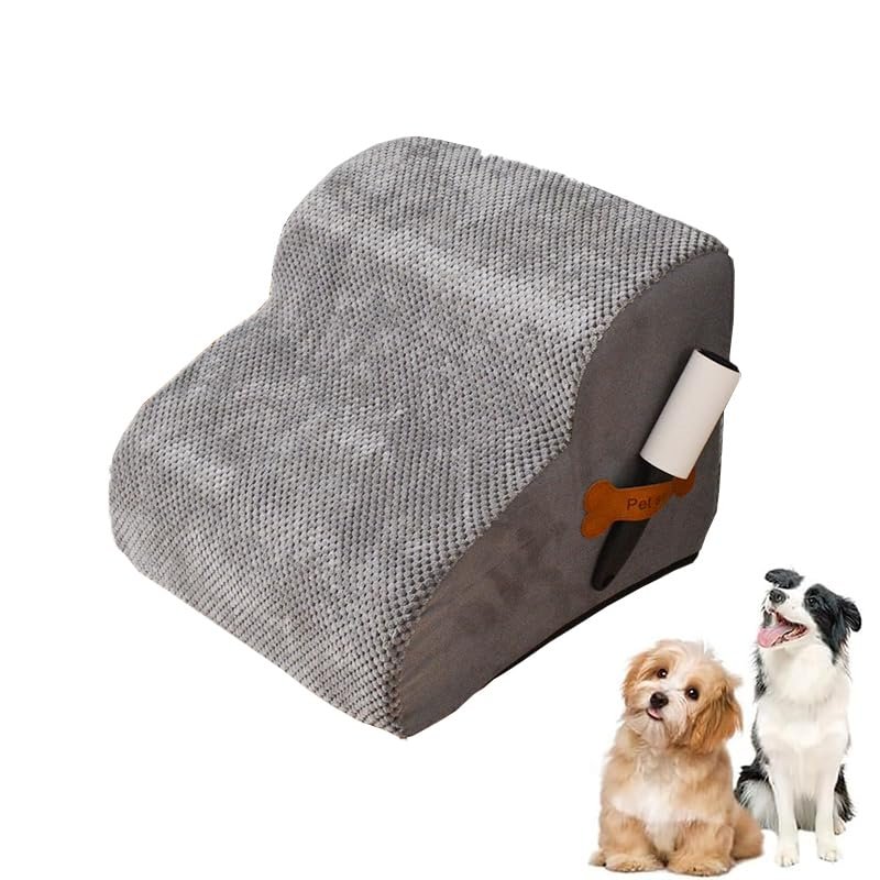 Dog Stairs for Small Dogs, Washable Plush Cover, Pet Stairs for Bed, Sofa, Couch and Car, Non-Slip, Low Incline (Gray, 48 × 40 × 30 cm, 2 Steps)