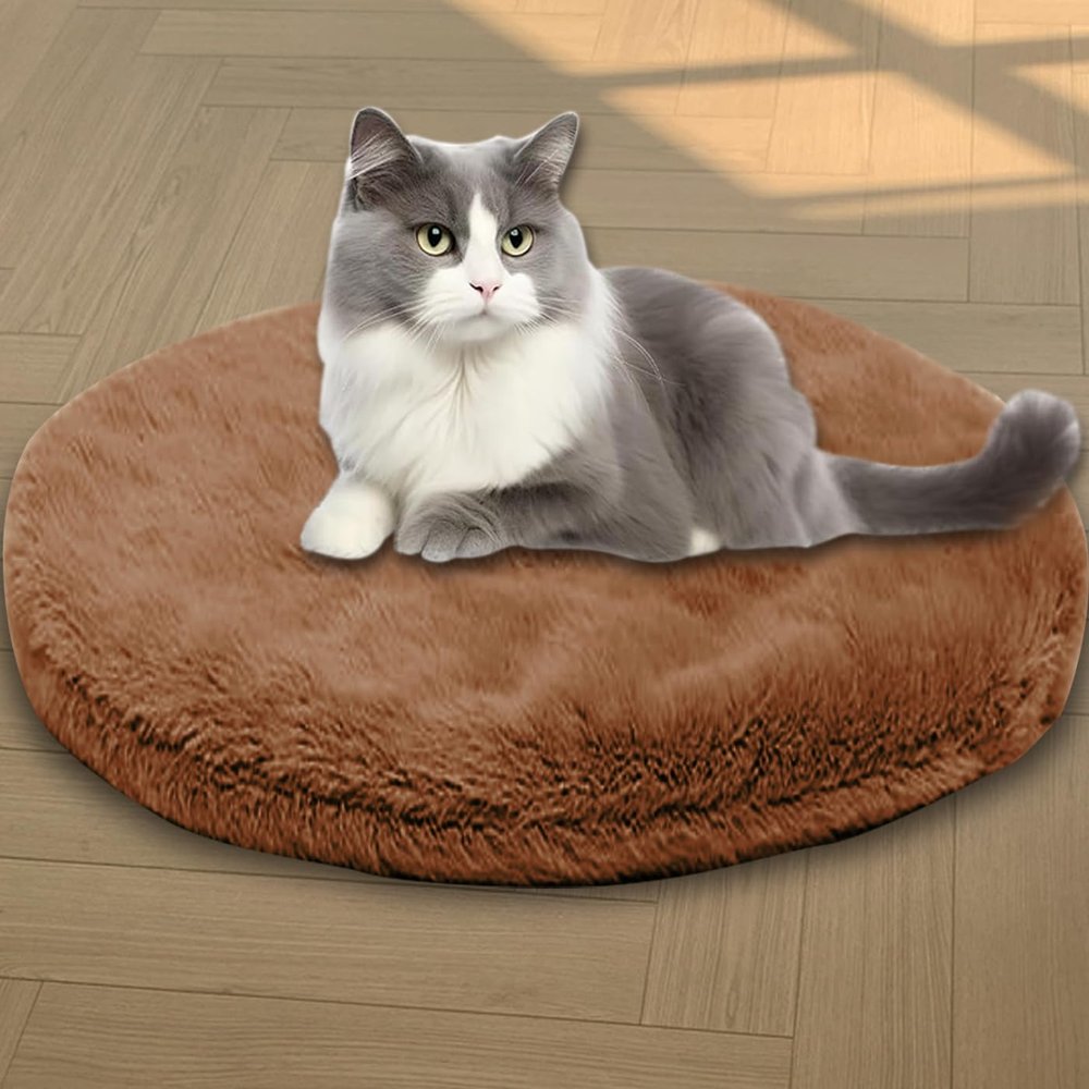 Calming Cat Bed, Washable Flannel Pet Mat, Double-Sided, Brown, Round, 55 cm