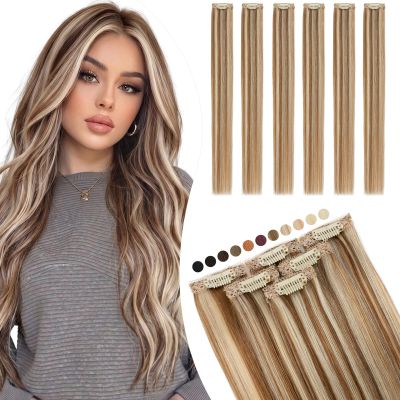 Elailite Clip-In Human Hair Extensions, Silk Lace Wefts, 6 Pieces, 31 g, 25 cm, #6P613 Light Brown/Light Blonde