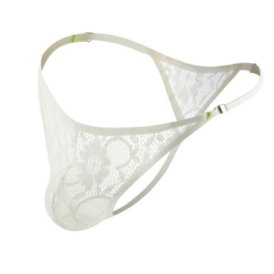 Men's Lace Sissy Thong with Floral Bulge Pouch, Sheer T-Back Jockstrap Underwear (M, White)