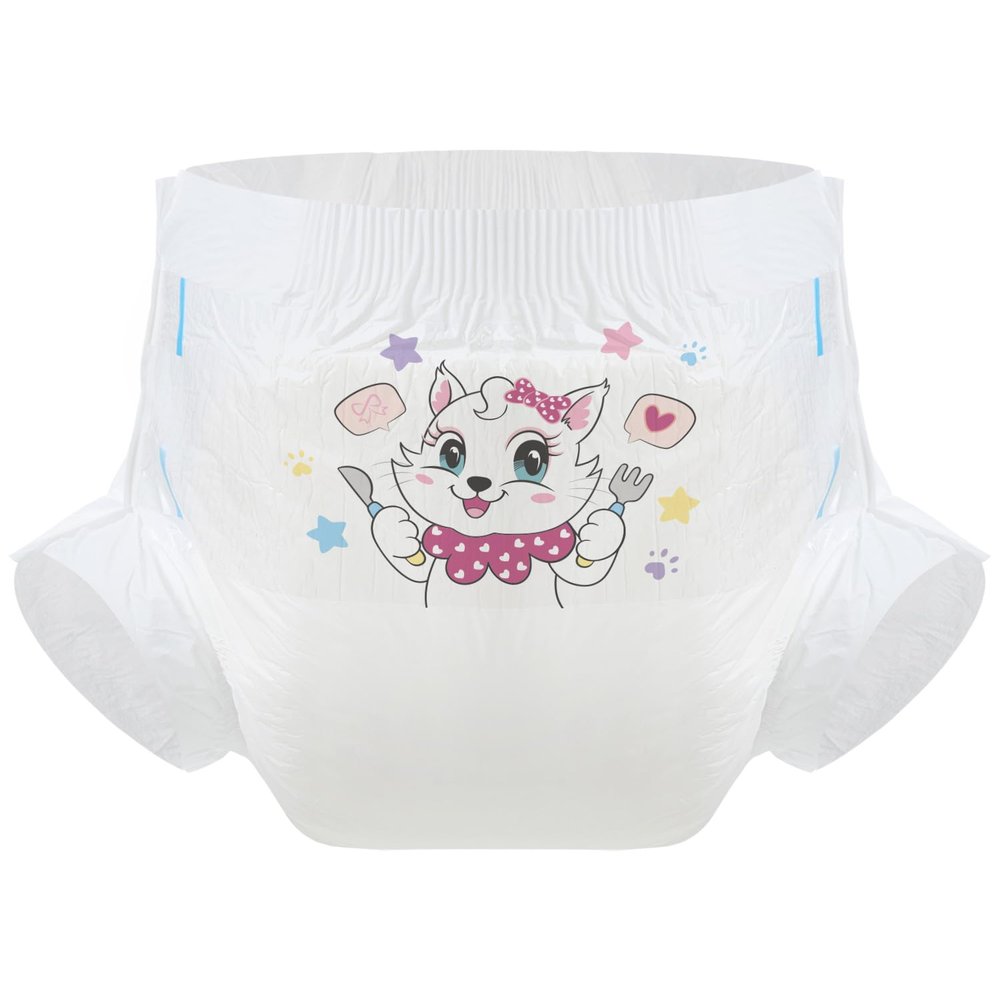 CutiePlusU Adult Diapers, 3 Count, Dry Surface, Maximum Overnight Absorbency, Kitty Dinner Time, White, L (95–120 cm)
