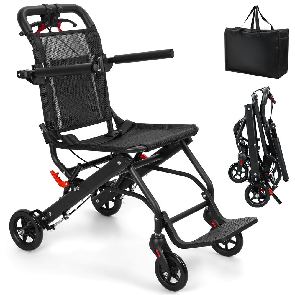 Ultralight Folding Aluminum Transit Wheelchair with Flip-Up Armrests, Black