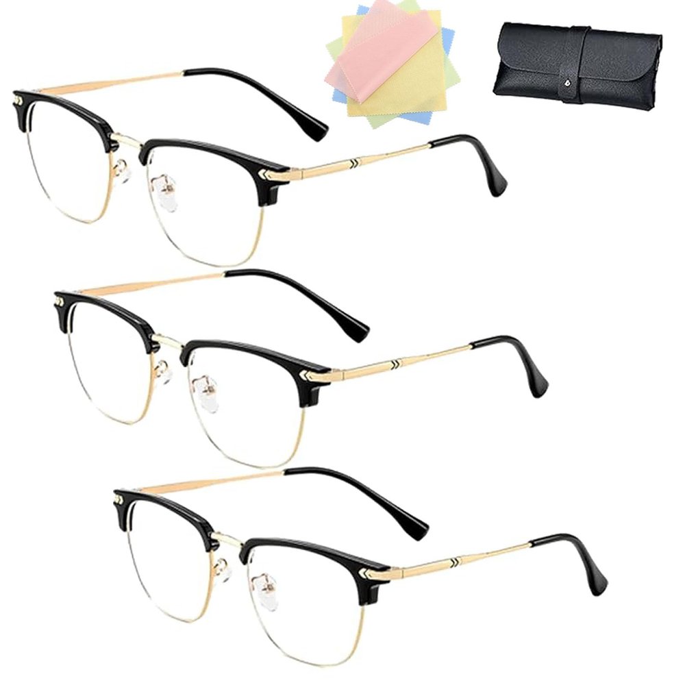 DPKSML Autofocus Glasses, Half-Frame Reading Glasses with Blue Light Filter for Men and Women (3pcs Gold, +3.0)