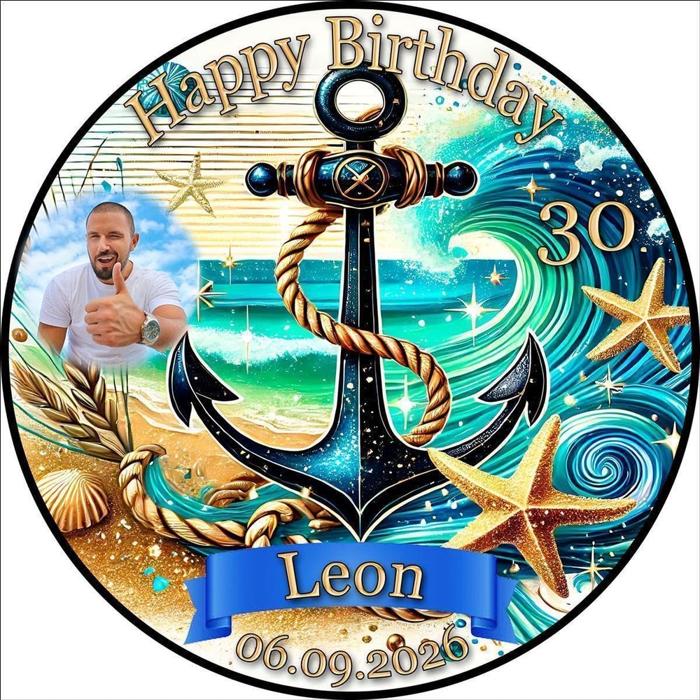 Round 14 cm Cake Topper with Photo, Maritime Anchor Beach Design MR01 (Sugar Paper)