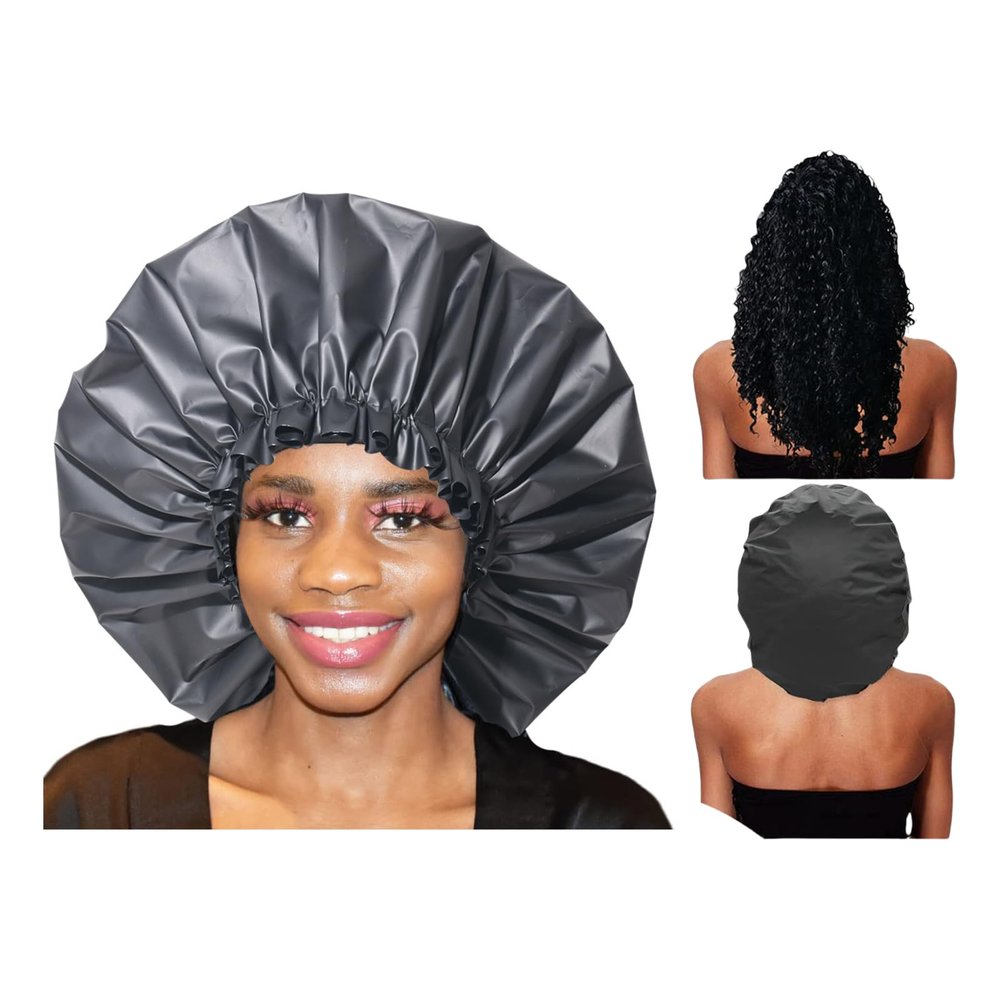 Shower Cap, Satin Bonnet Sleep Cap, Adjustable, Soft, Black, 5-Pack