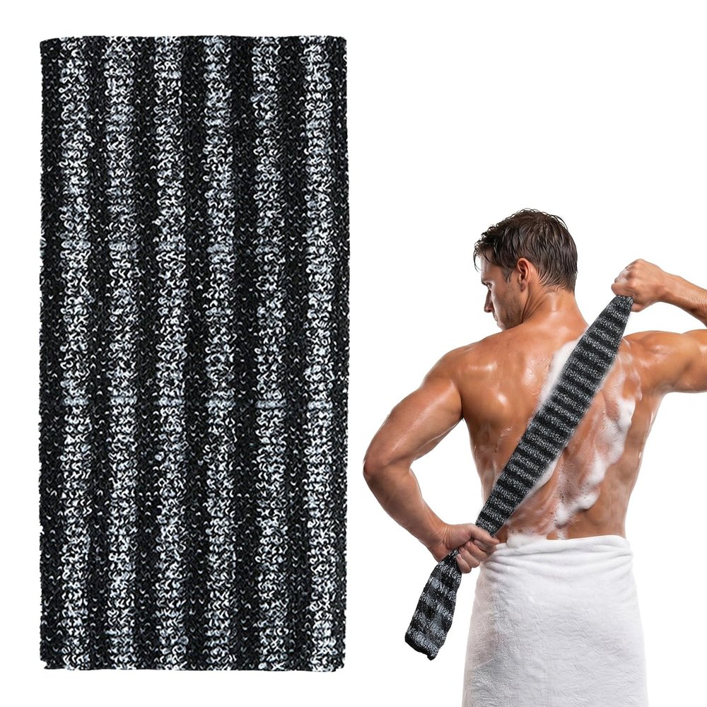 Extra-Long Japanese Exfoliating Towel, Shower Scrubber for Women and Men, Black Stripes