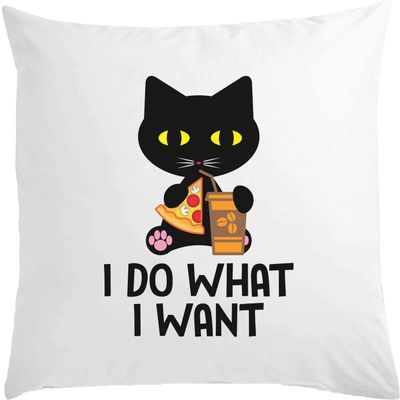 "I Do What I Want" Pizza Cat Cushion, 40 x 40 cm, Filled, White