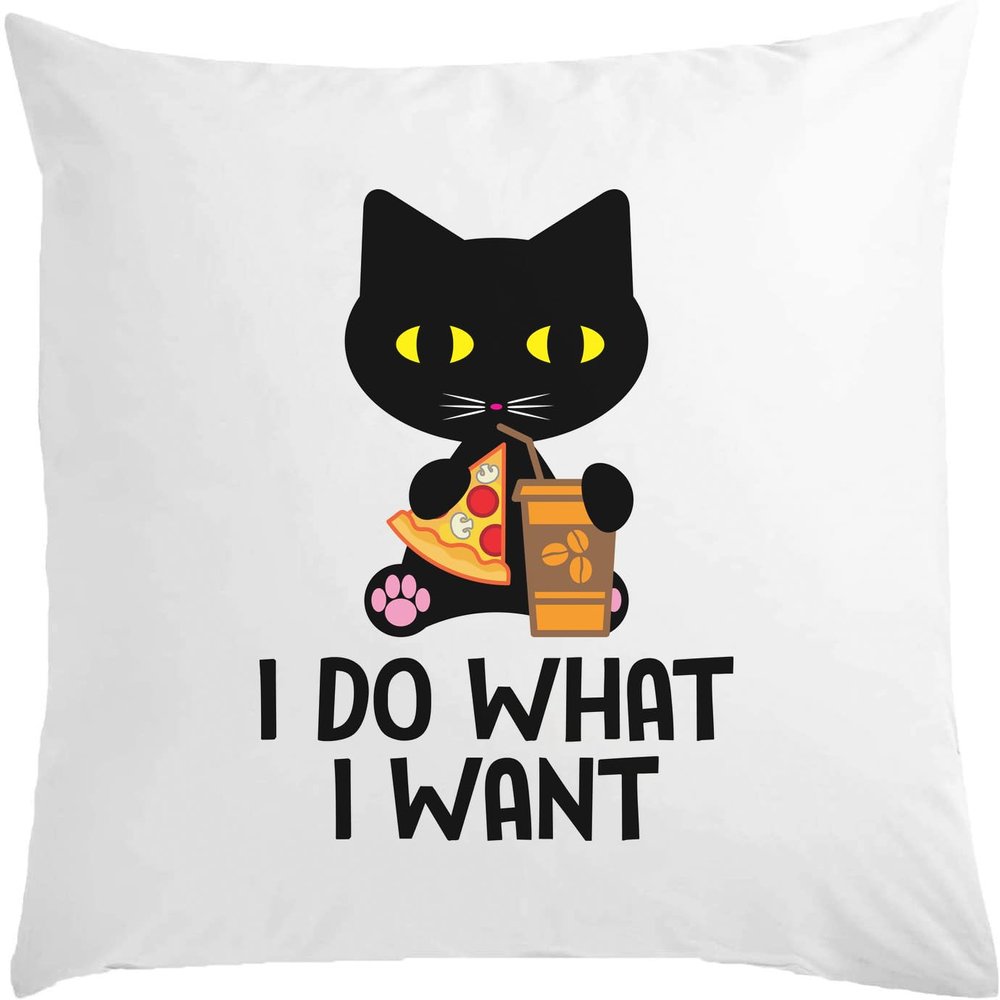 "I Do What I Want" Pizza Cat Cushion, 40 x 40 cm, Filled, White