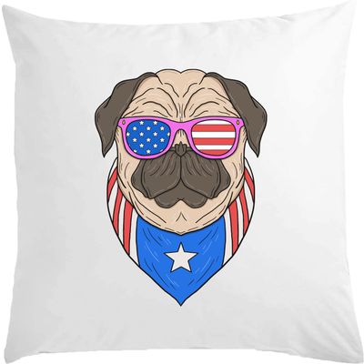 White Cushion with "Freedom Pug" and U.S. Flag, 40 x 40 cm, Filled