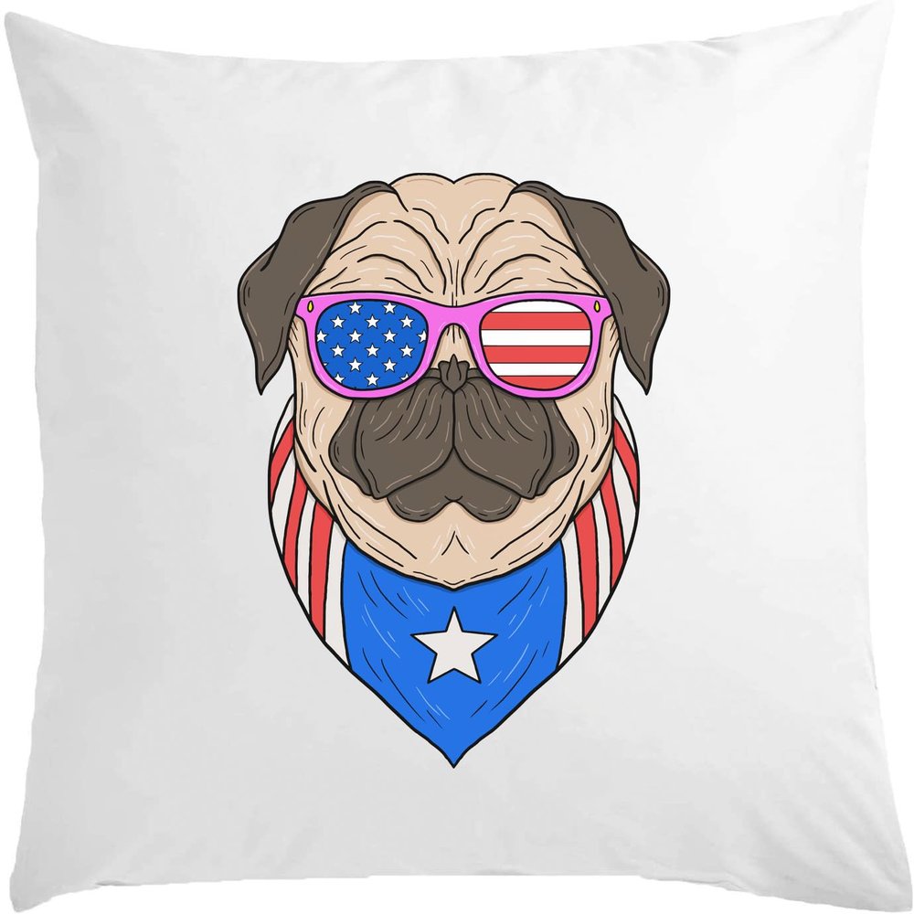White Cushion with "Freedom Pug" and U.S. Flag, 40 x 40 cm, Filled