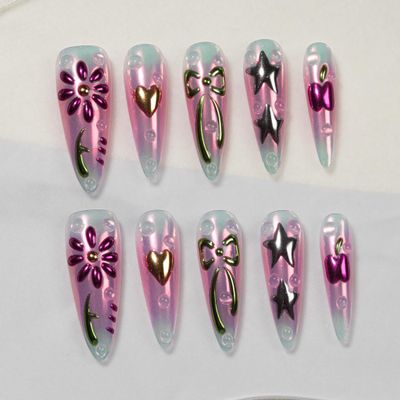 Sun&Beam Handmade Press-On Nails, Long Stiletto Pink (#277 M)
