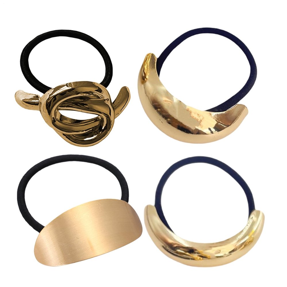 Hair Ties with Metal Ends, 4 Geometric Decorative Ties