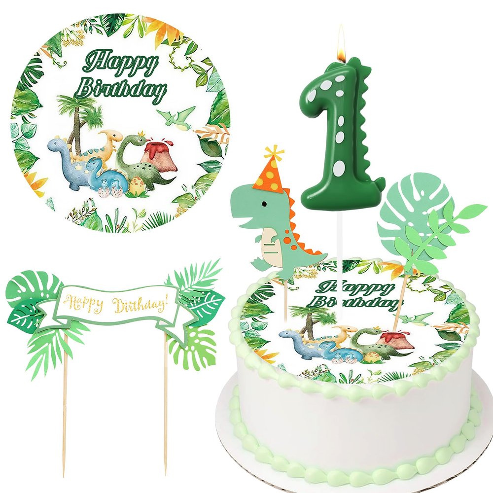 5-Piece Edible Dinosaur Cake Decoration Set with Number 1 Candle