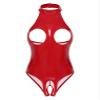 Kaerm Women's Wet-Look Patent Leather Halter-Neck Open-Crotch Catsuit, Red, S view 1