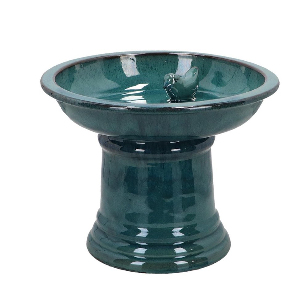 Small Ceramic Birdbath on Pedestal, Petrol