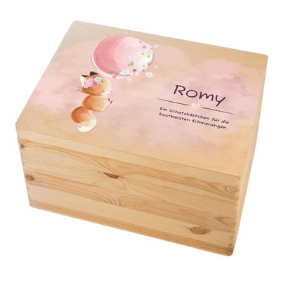 LARIFEE Personalized Fox Balloon Baby Keepsake Box with Name, Wood, 40 x 30 x 23 cm, Gift for Birth, Baptism & Baby